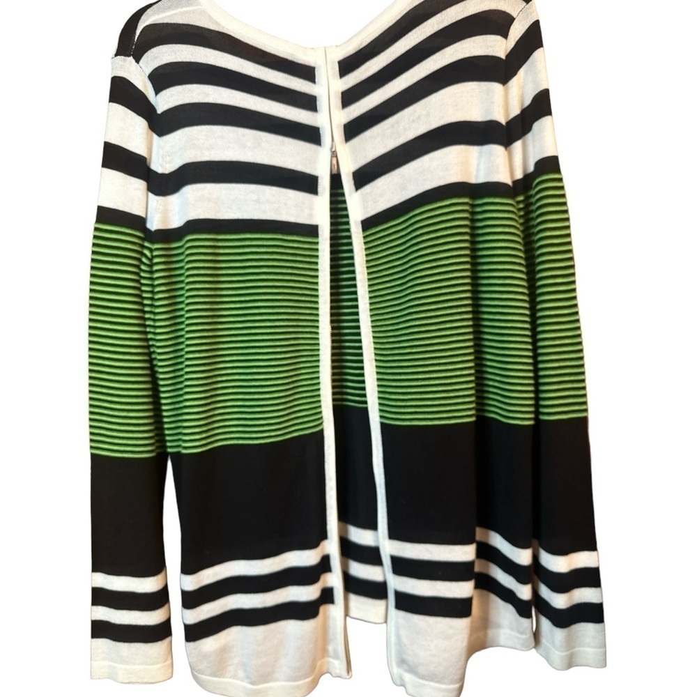 Peck & Peck Green Black Striped Scooped Neck Zip Back Lightweight Knit Top - Picture 3 of 6